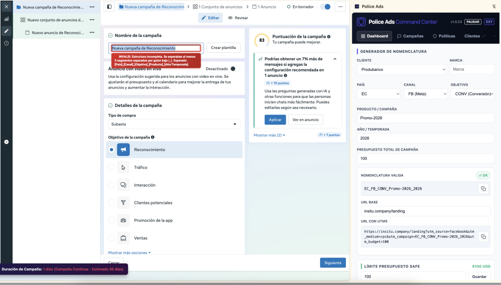 Deja de hacer autopsias a tus presupuestos. Descubre cómo INsitu Police Ads bloquea errores de gasto y nomenclatura antes de publicar en Meta y Google Ads