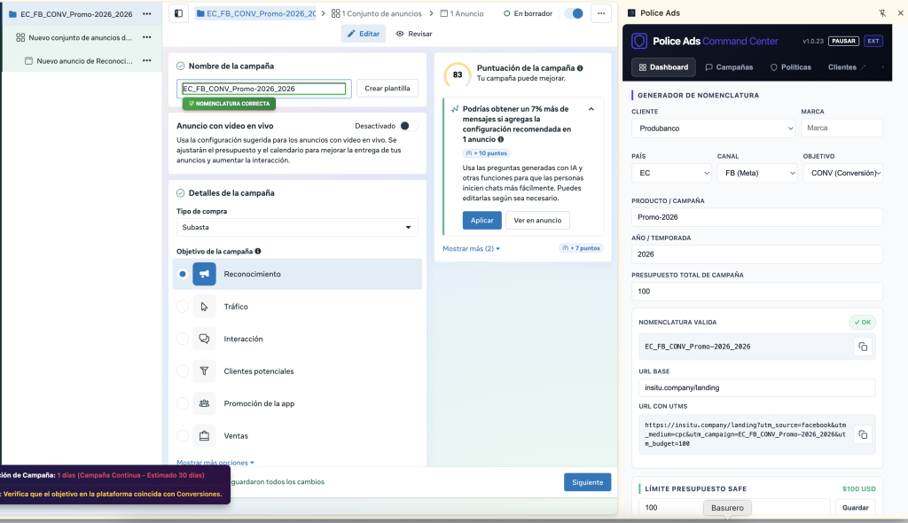 Deja de hacer autopsias a tus presupuestos. Descubre cómo INsitu Police Ads bloquea errores de gasto y nomenclatura antes de publicar en Meta y Google Ads