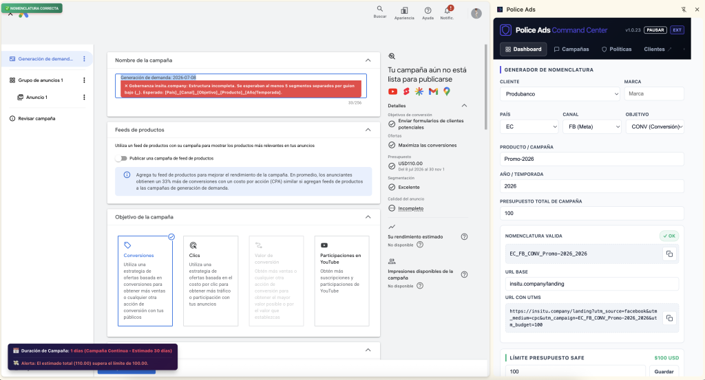 Deja de hacer autopsias a tus presupuestos. Descubre cómo INsitu Police Ads bloquea errores de gasto y nomenclatura antes de publicar en Meta y Google Ads