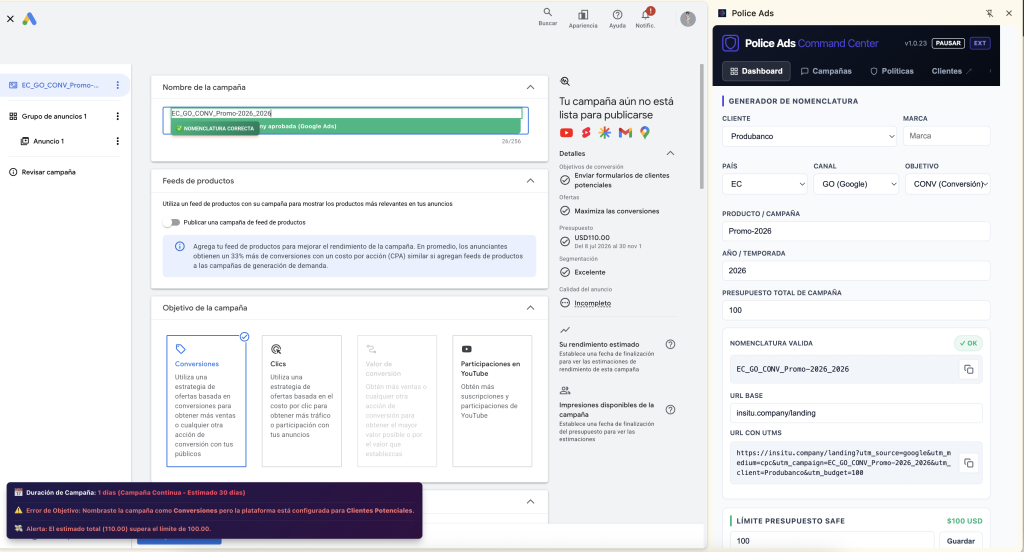 Deja de hacer autopsias a tus presupuestos. Descubre cómo INsitu Police Ads bloquea errores de gasto y nomenclatura antes de publicar en Meta y Google Ads