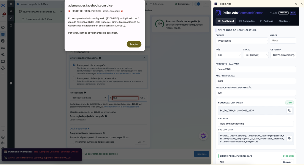 Deja de hacer autopsias a tus presupuestos. Descubre cómo INsitu Police Ads bloquea errores de gasto y nomenclatura antes de publicar en Meta y Google Ads